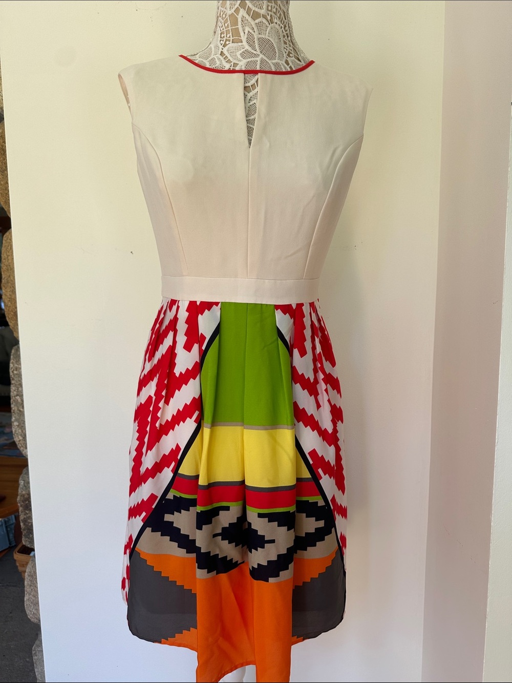 Ellen Tracy White Bodice Multicolor Geometric Fit-and-Flare Dress